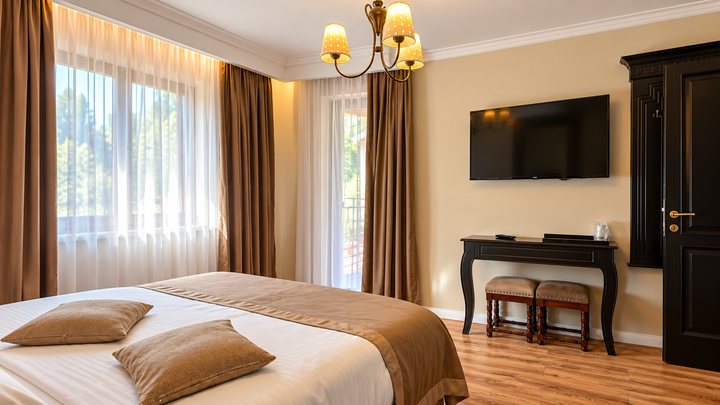 Cameră dublă cu balcon – birou, televizor și fereastră mare